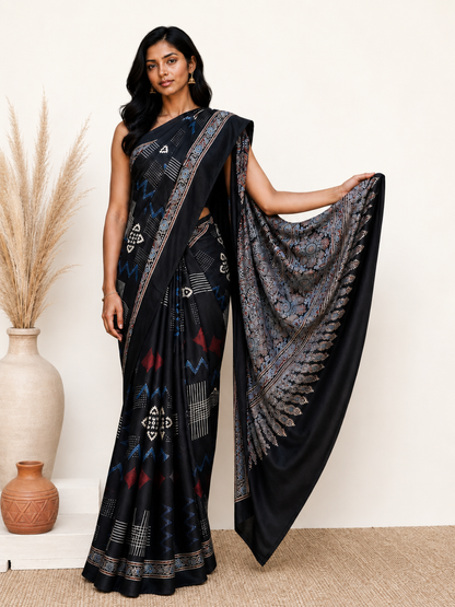 Ajrakh Modal Silk Natural Dye Hand Block Print Saree with Blouse Piece - 5.5 Mtr Length    -  SKU : AI27A01K
