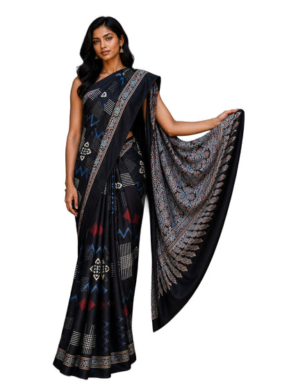 Ajrakh Modal Silk Natural Dye Hand Block Print Saree with Blouse Piece - 5.5 Mtr Length    -  SKU : AI27A01K