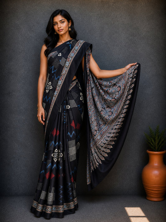 Ajrakh Modal Silk Natural Dye Hand Block Print Saree with Blouse Piece - 5.5 Mtr Length    -  SKU : AI27A01K