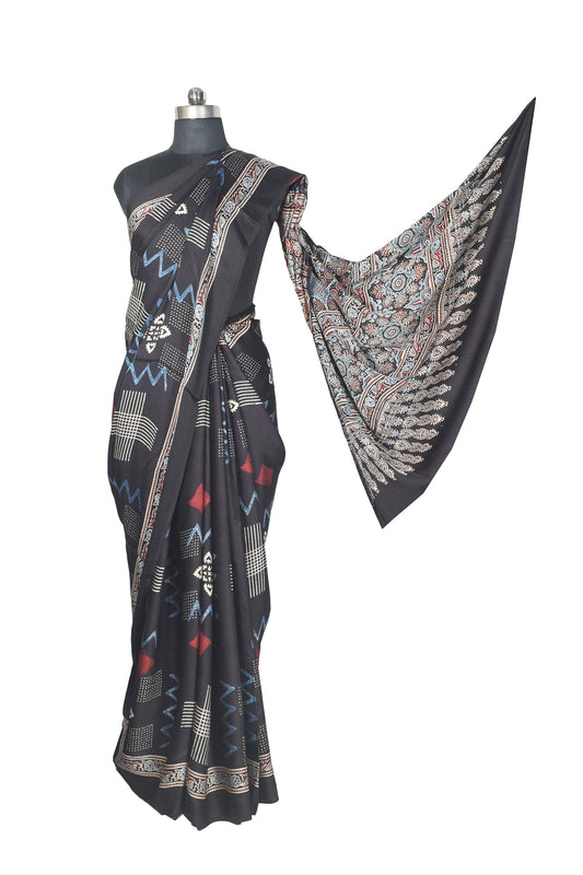 Ajrakh Modal Silk Natural Dye Hand Block Print Saree with Blouse Piece - 5.5 Mtr Length    -  SKU : AI27A01K