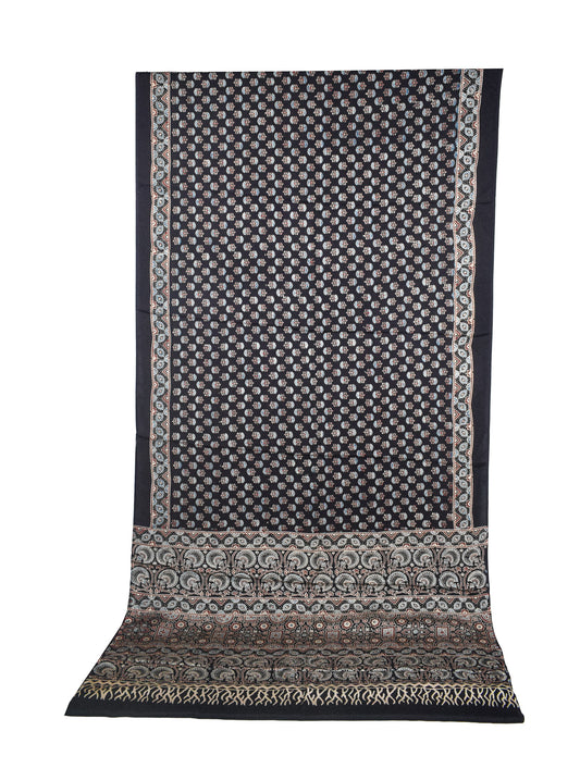 Ajrakh Modal Silk Natural Dye Hand Block Print Saree with Blouse Piece - 5.5 Mtr Length    -  SKU : AI27A01L