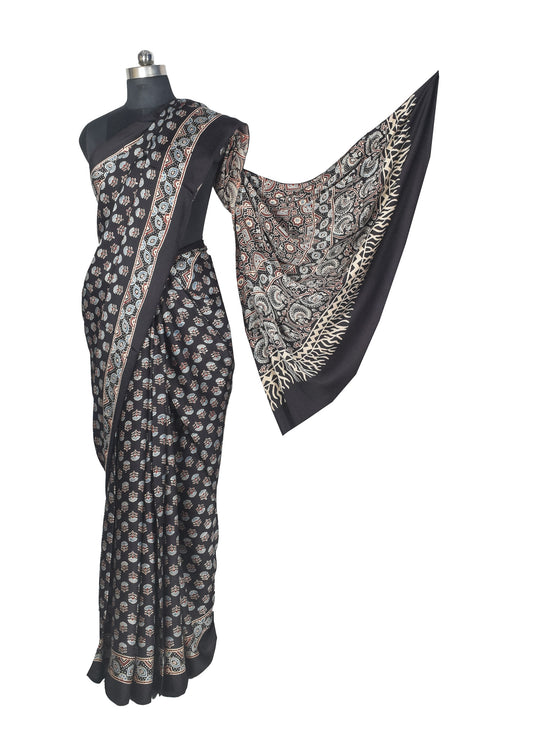 Ajrakh Modal Silk Natural Dye Hand Block Print Saree with Blouse Piece - 5.5 Mtr Length    -  SKU : AI27A01L