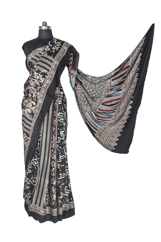 Ajrakh Modal Silk Natural Dye Hand Block Print Saree with Blouse Piece - 5.5 Mtr Length    -  SKU : AI27A01M