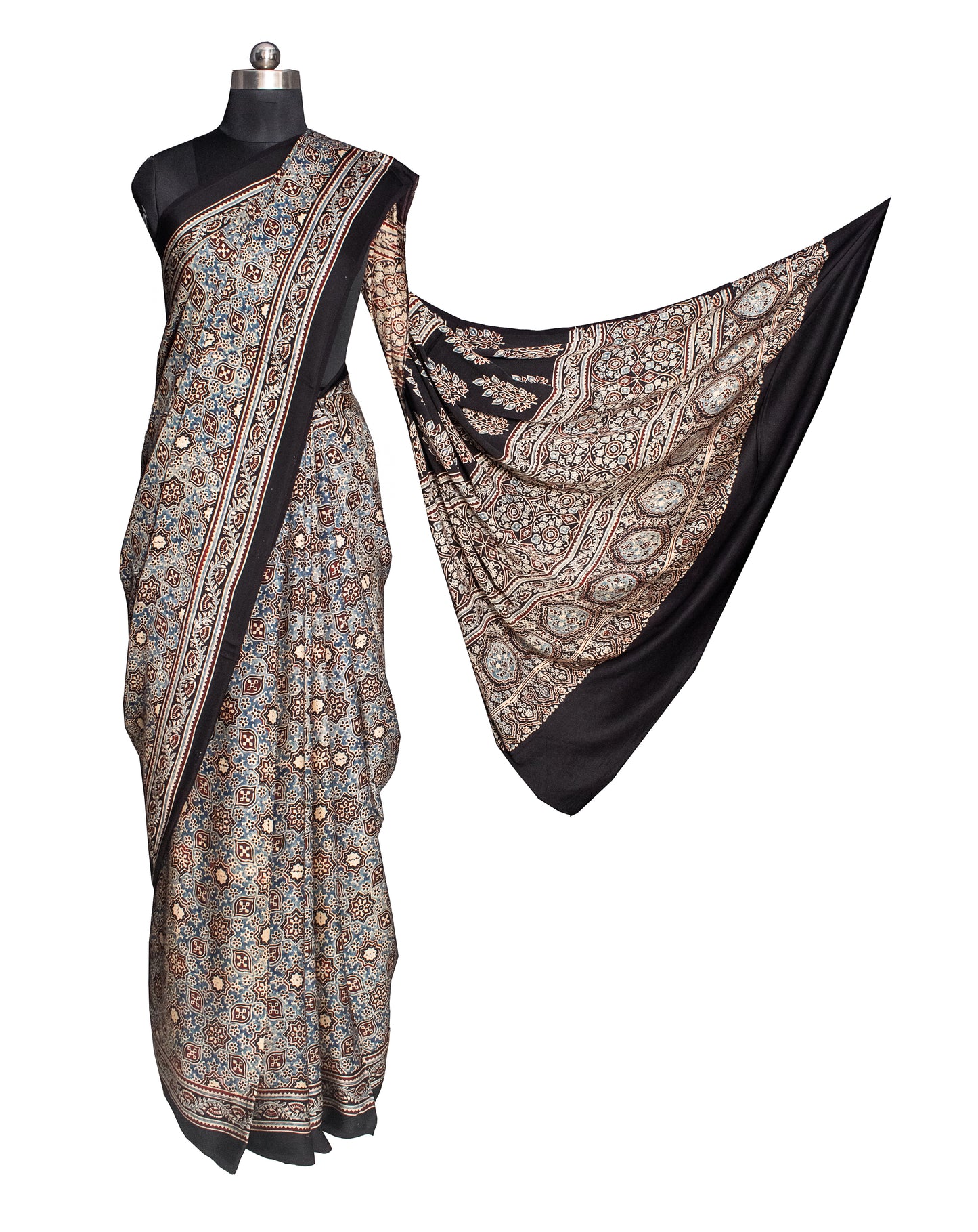 Ajrakh Modal Silk Natural Dye Hand Block Print Saree with Blouse Piece - 5.5 Mtr Length    -  SKU : ID01901A