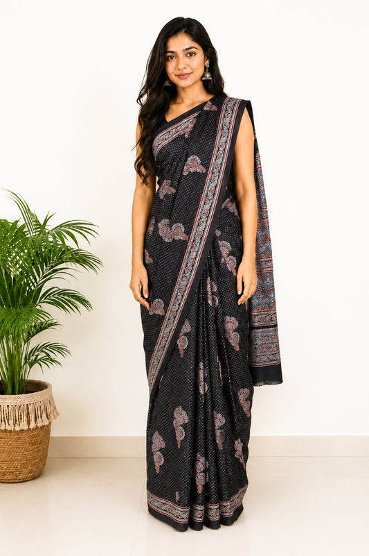 Ajrakh Modal Silk Natural Dye Hand Block Print Saree with Blouse Piece - 5.5 Mtr Length   -  SKU : SI03601C