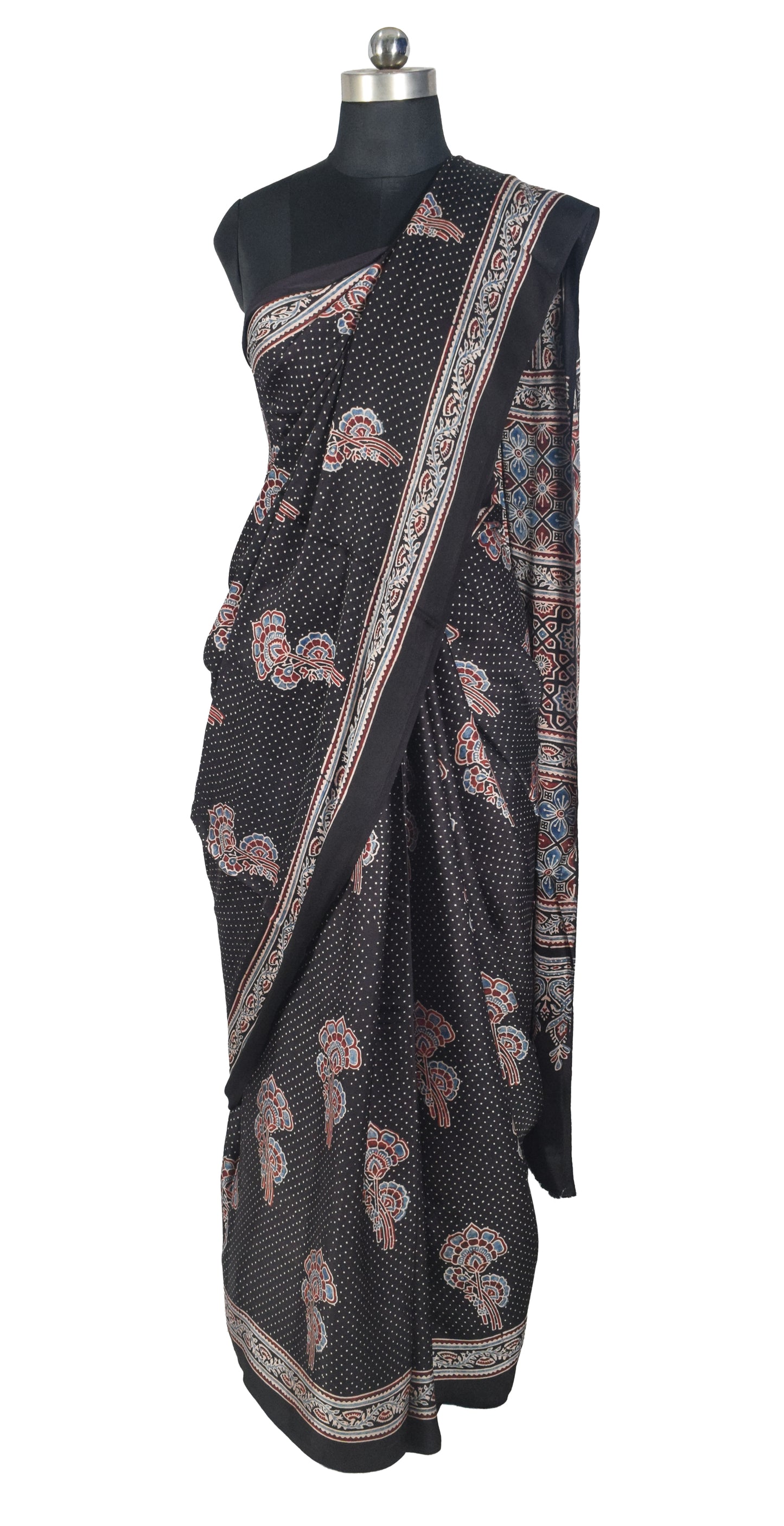 Ajrakh Modal Silk Natural Dye Hand Block Print Saree with Blouse Piece - 5.5 Mtr Length   -  SKU : SI03601C