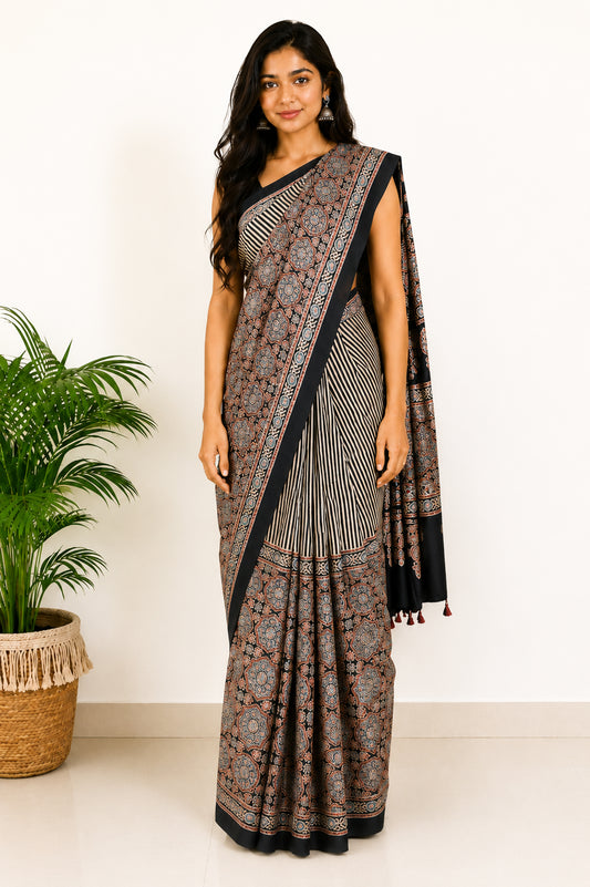 Ajrakh Modal Silk Natural Dye Hand Block Print Saree with Blouse Piece - 5.5 Mtr Length   -  SKU : MS09501F