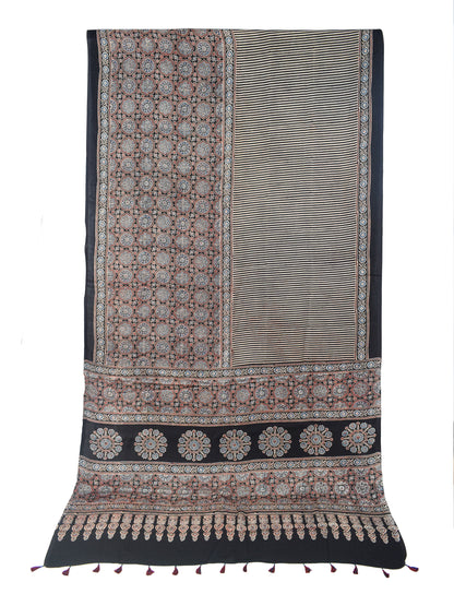 Ajrakh Modal Silk Natural Dye Hand Block Print Saree with Blouse Piece - 5.5 Mtr Length   -  SKU : MS09501F