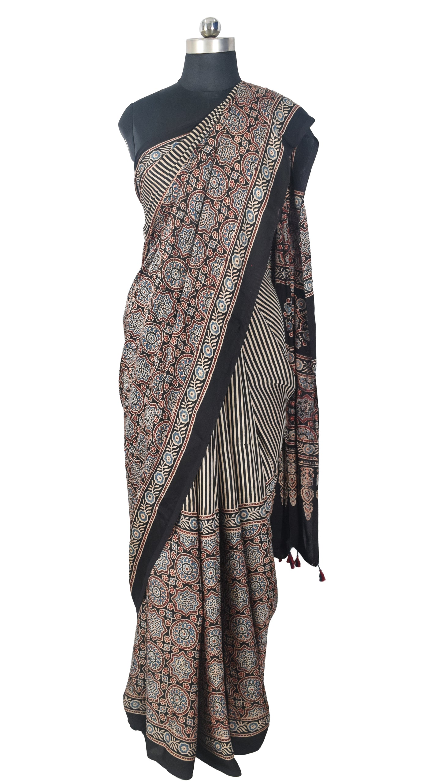 Ajrakh Modal Silk Natural Dye Hand Block Print Saree with Blouse Piece - 5.5 Mtr Length   -  SKU : MS09501F
