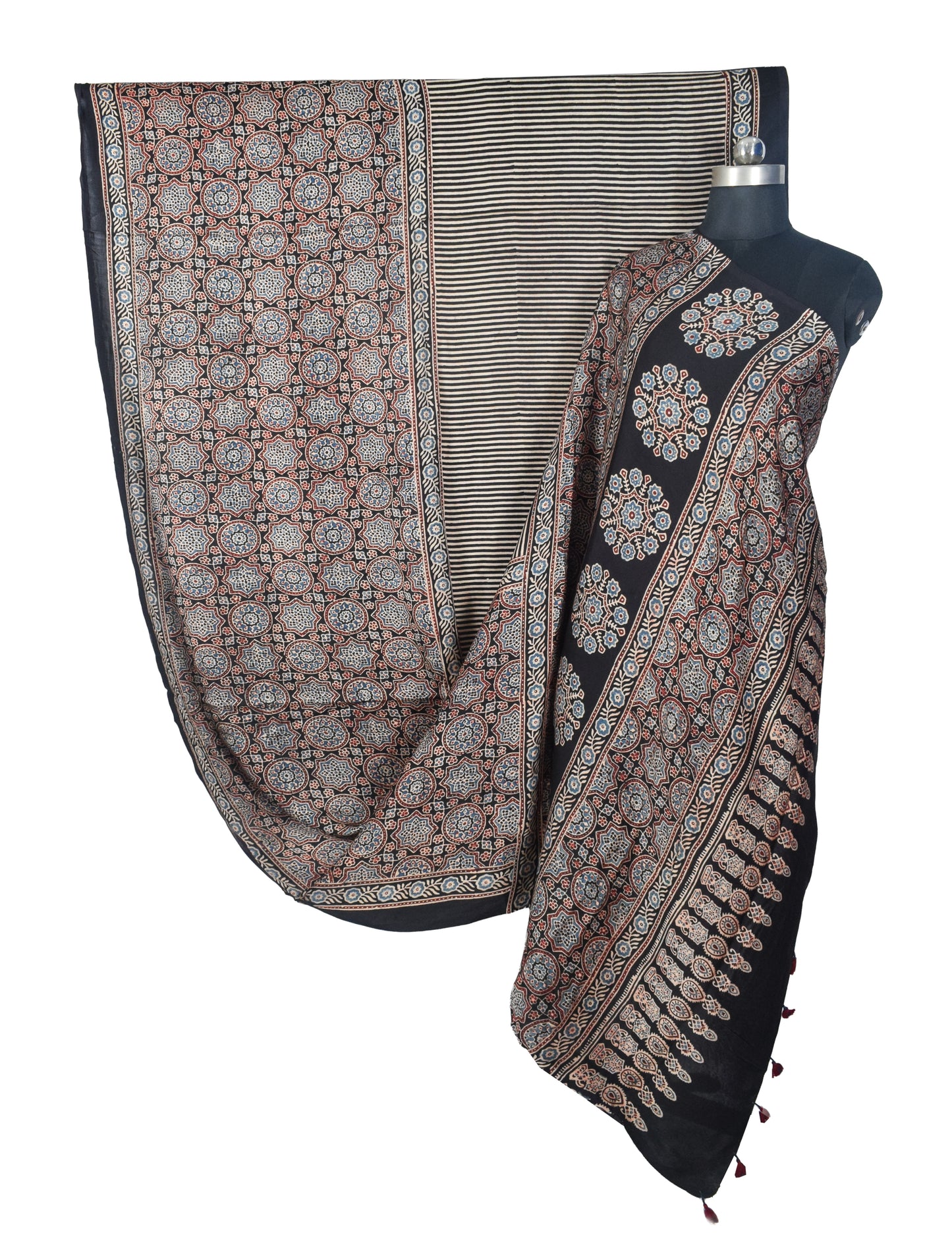 Ajrakh Modal Silk Natural Dye Hand Block Print Saree with Blouse Piece - 5.5 Mtr Length   -  SKU : MS09501F
