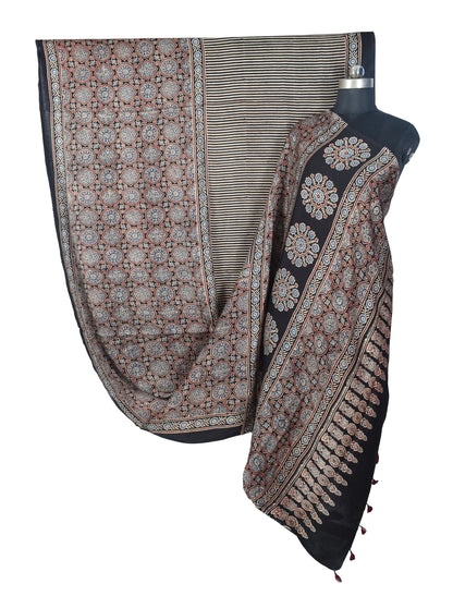 Ajrakh Modal Silk Natural Dye Hand Block Print Saree with Blouse Piece - 5.5 Mtr Length   -  SKU : MS09501F
