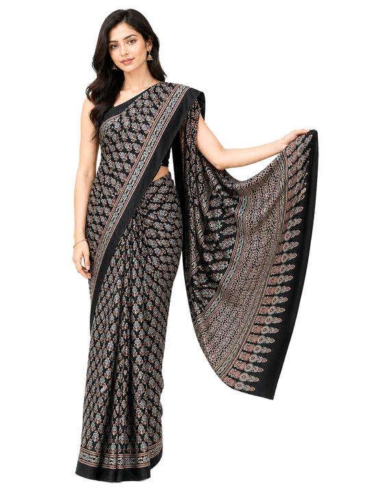 Ajrakh Modal Silk Natural Dye Hand Block Print Saree with Blouse Piece - 5.5 Mtr Length    -  SKU : MS14101A
