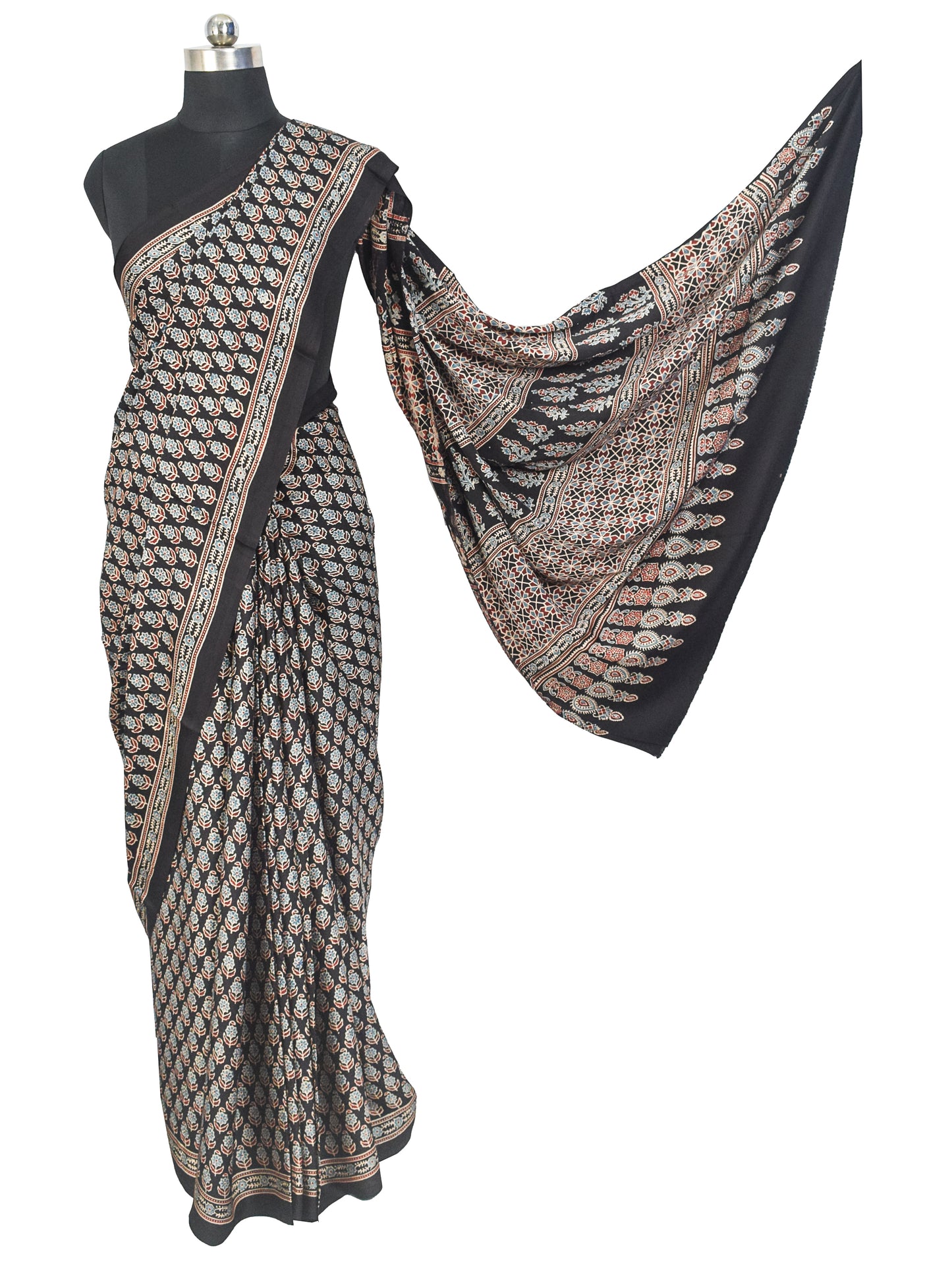 Ajrakh Modal Silk Natural Dye Hand Block Print Saree with Blouse Piece - 5.5 Mtr Length    -  SKU : MS14101A