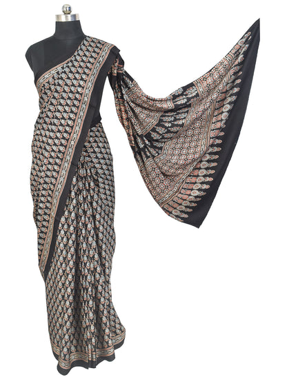 Ajrakh Modal Silk Natural Dye Hand Block Print Saree with Blouse Piece - 5.5 Mtr Length    -  SKU : MS14101A