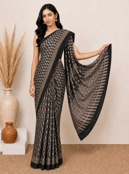 Ajrakh Modal Silk Natural Dye Hand Block Print Saree with Blouse Piece - 5.5 Mtr Length    -  SKU : MS14101A