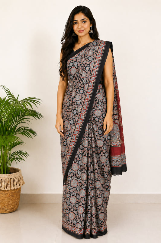Ajrakh Modal Silk Natural Dye Hand Block Print Saree with Blouse Piece - 5.5 Mtr Length   -  SKU : SI03601A