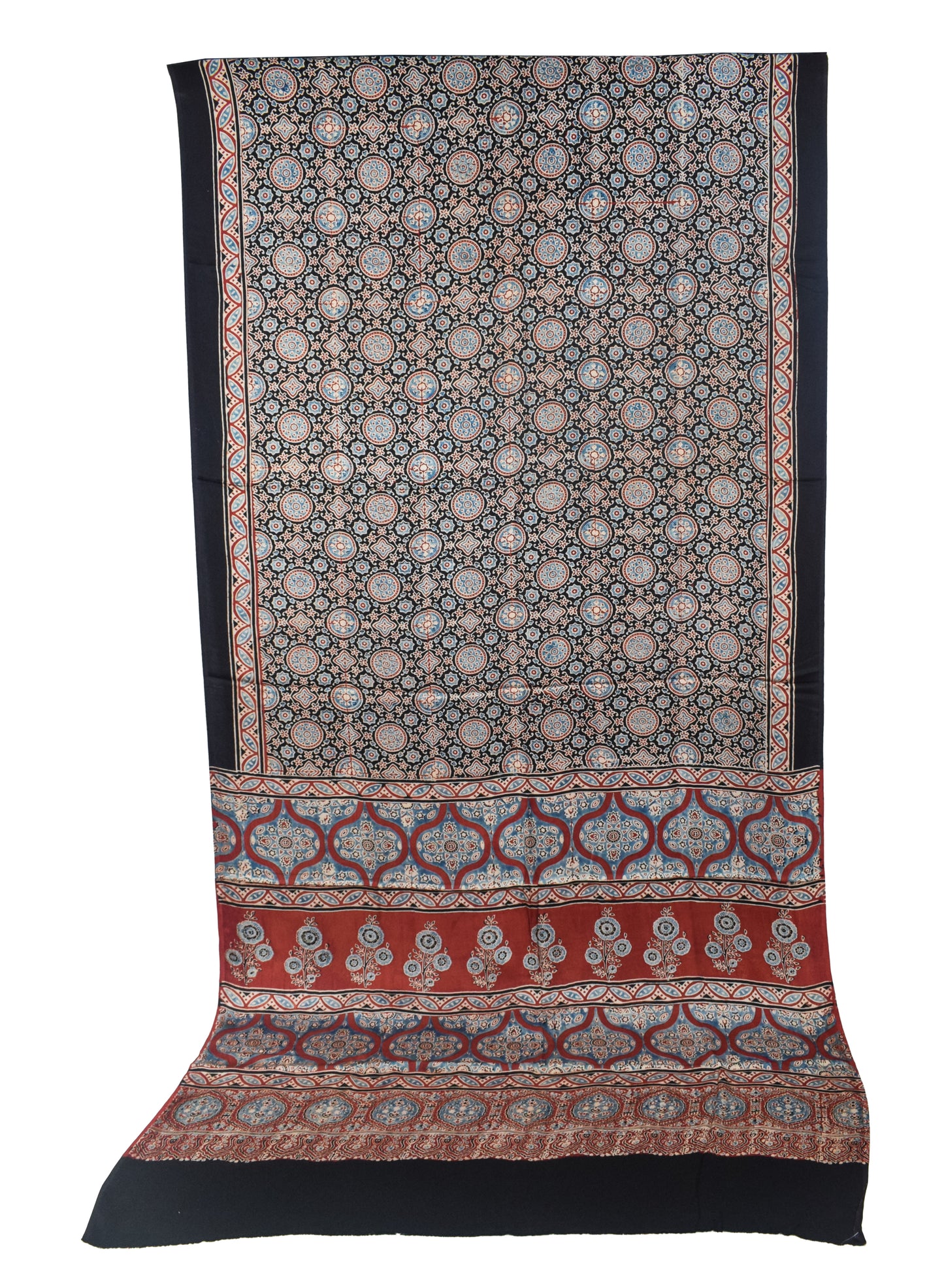 Ajrakh Modal Silk Natural Dye Hand Block Print Saree with Blouse Piece - 5.5 Mtr Length   -  SKU : SI03601A