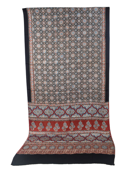 Ajrakh Modal Silk Natural Dye Hand Block Print Saree with Blouse Piece - 5.5 Mtr Length   -  SKU : SI03601A