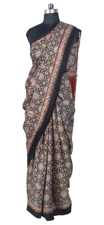 Ajrakh Modal Silk Natural Dye Hand Block Print Saree with Blouse Piece - 5.5 Mtr Length   -  SKU : SI03601A