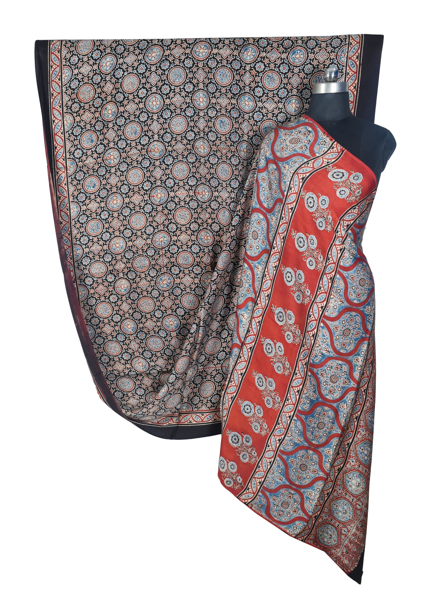 Ajrakh Modal Silk Natural Dye Hand Block Print Saree with Blouse Piece - 5.5 Mtr Length   -  SKU : SI03601A