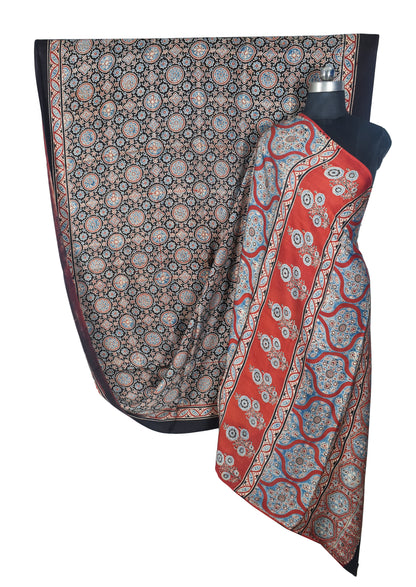 Ajrakh Modal Silk Natural Dye Hand Block Print Saree with Blouse Piece - 5.5 Mtr Length   -  SKU : SI03601A