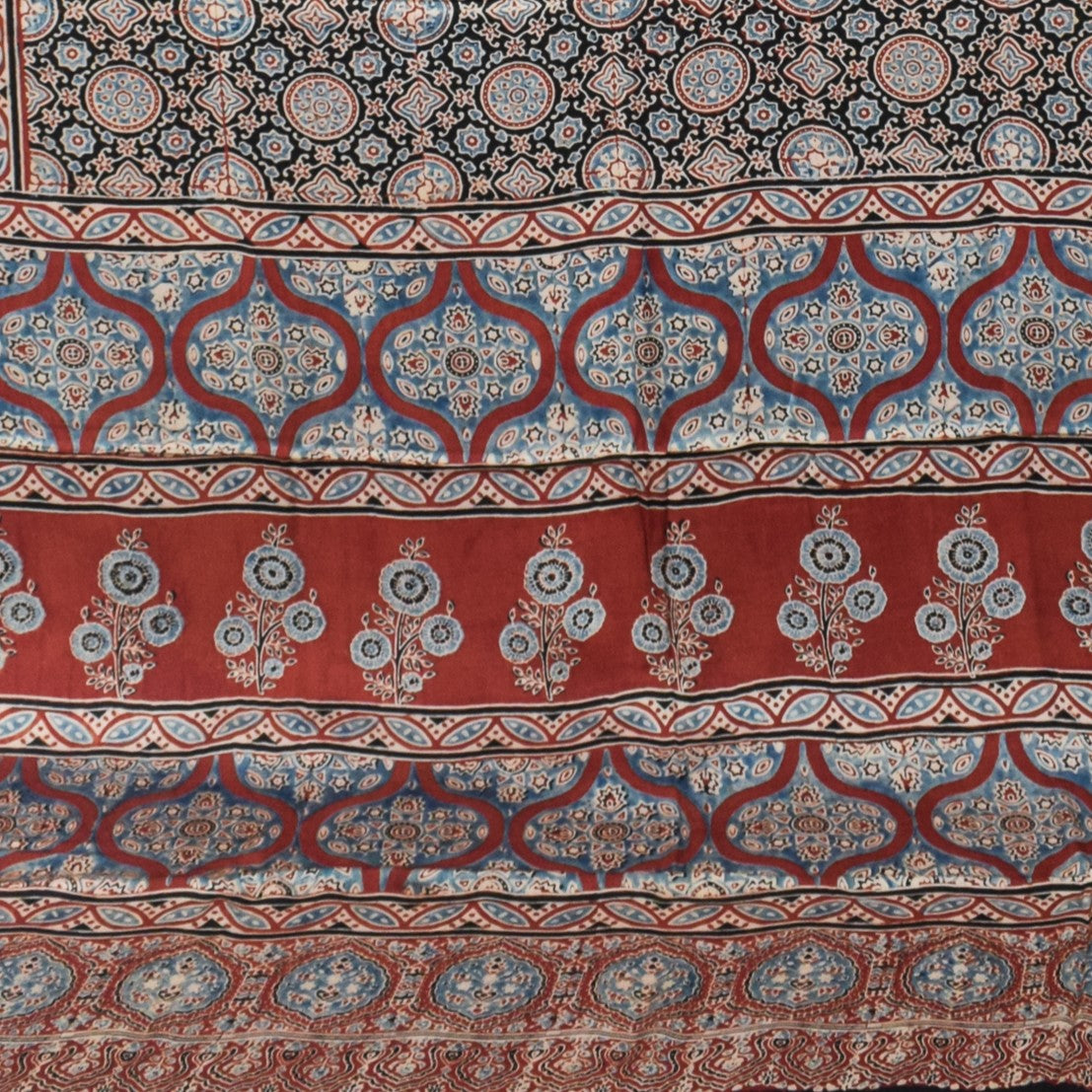 Ajrakh Modal Silk Natural Dye Hand Block Print Saree with Blouse Piece - 5.5 Mtr Length   -  SKU : SI03601A