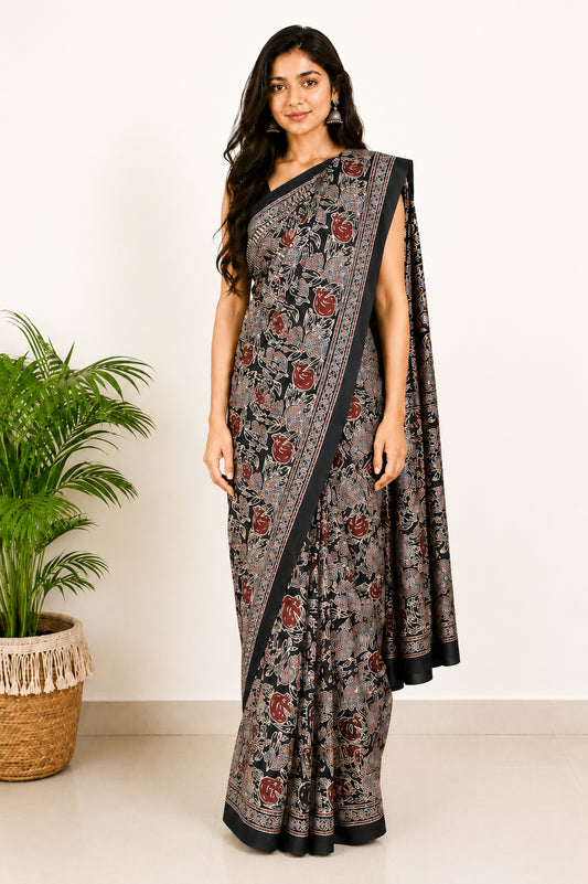 Ajrakh Modal Silk Natural Dye Hand Block Print Saree with Blouse Piece - 5.5 Mtr Length   -  SKU : SI03601D
