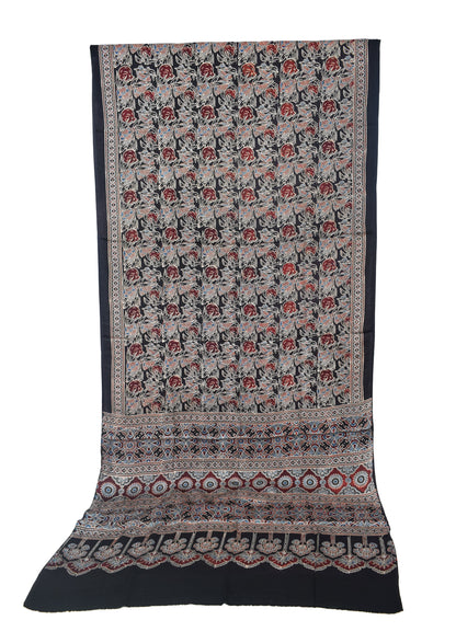 Ajrakh Modal Silk Natural Dye Hand Block Print Saree with Blouse Piece - 5.5 Mtr Length   -  SKU : SI03601D