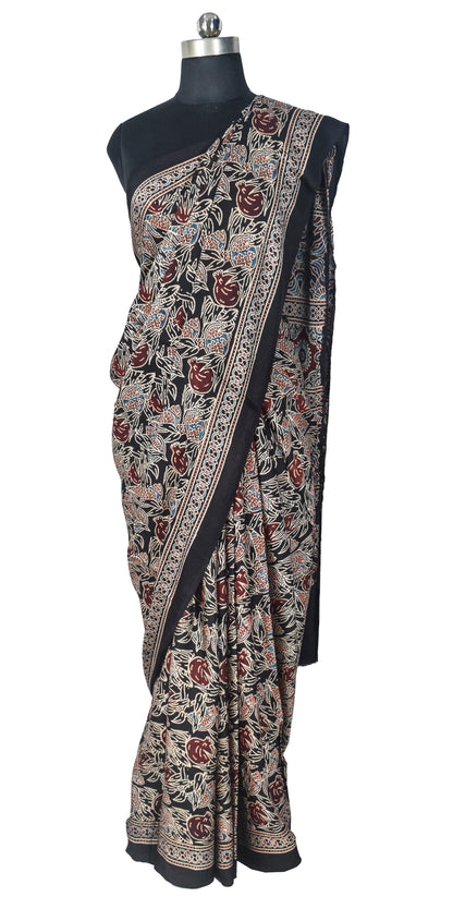Ajrakh Modal Silk Natural Dye Hand Block Print Saree with Blouse Piece - 5.5 Mtr Length   -  SKU : SI03601D