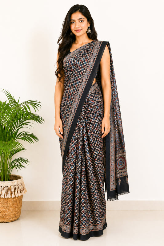 Ajrakh Modal Silk Natural Dye Hand Block Print Saree with Blouse Piece - 5.5 Mtr Length   -  SKU : SI03601H