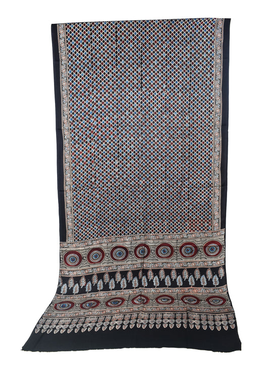 Ajrakh Modal Silk Natural Dye Hand Block Print Saree with Blouse Piece - 5.5 Mtr Length   -  SKU : SI03601H