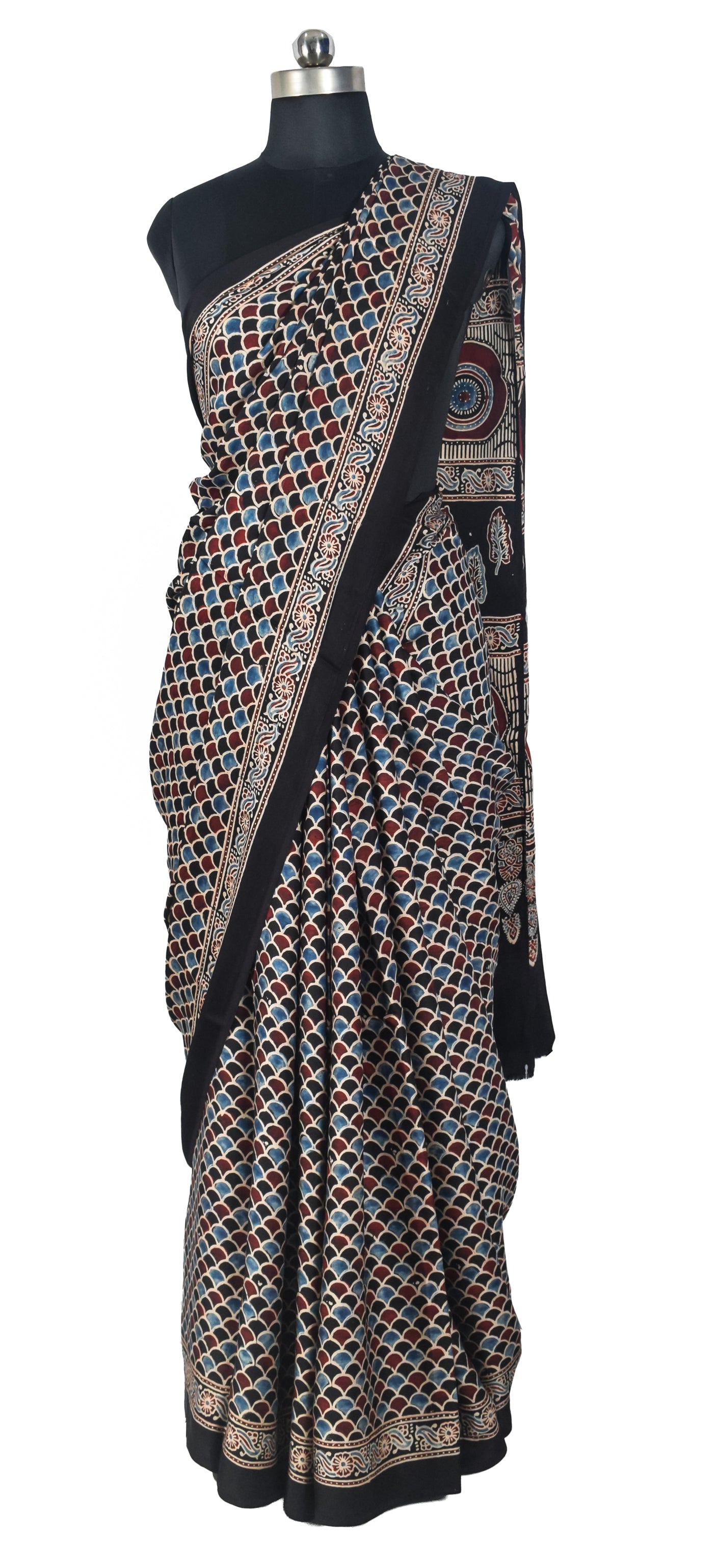 Ajrakh Modal Silk Natural Dye Hand Block Print Saree with Blouse Piece - 5.5 Mtr Length   -  SKU : SI03601H