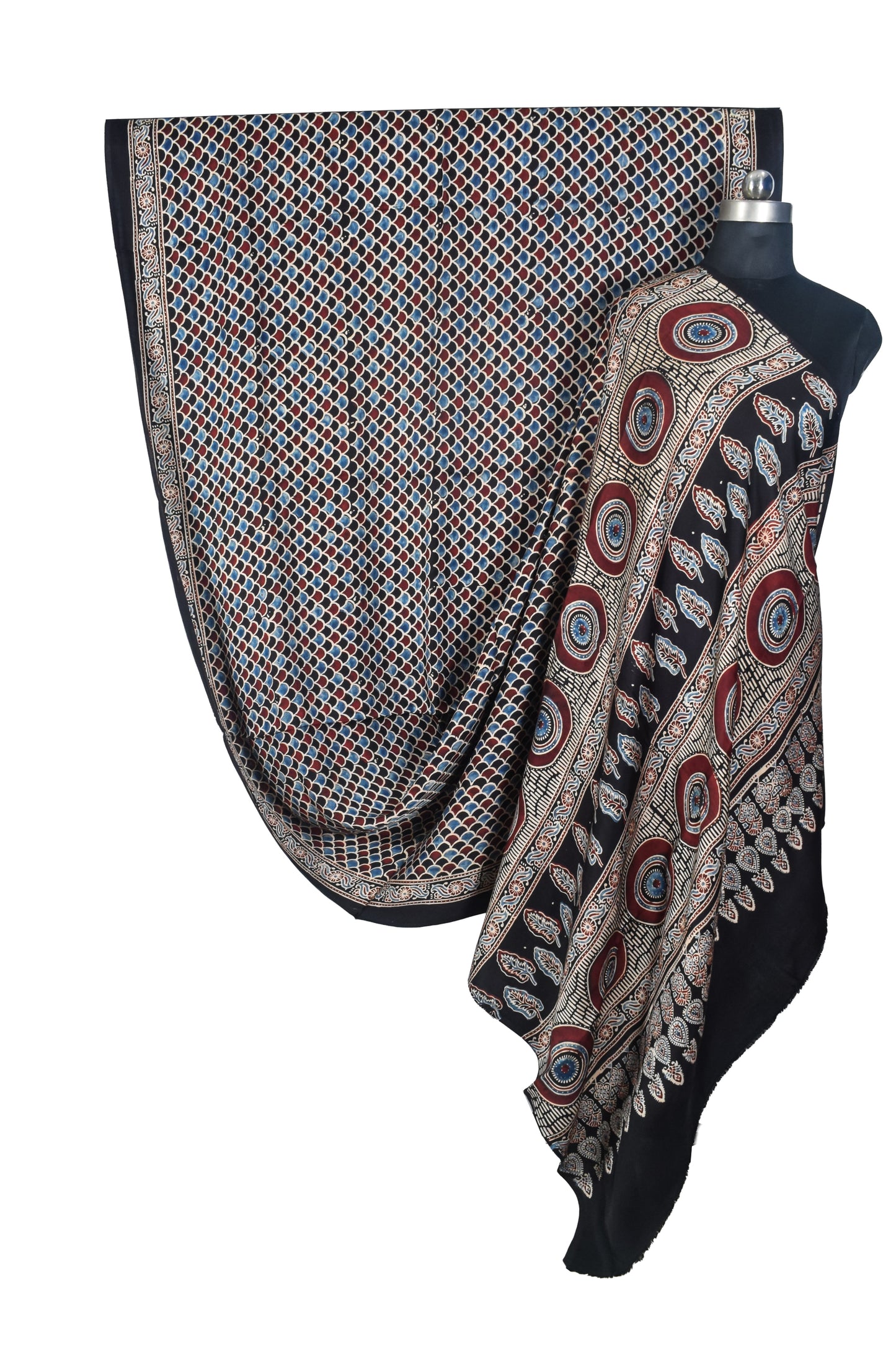 Ajrakh Modal Silk Natural Dye Hand Block Print Saree with Blouse Piece - 5.5 Mtr Length   -  SKU : SI03601H