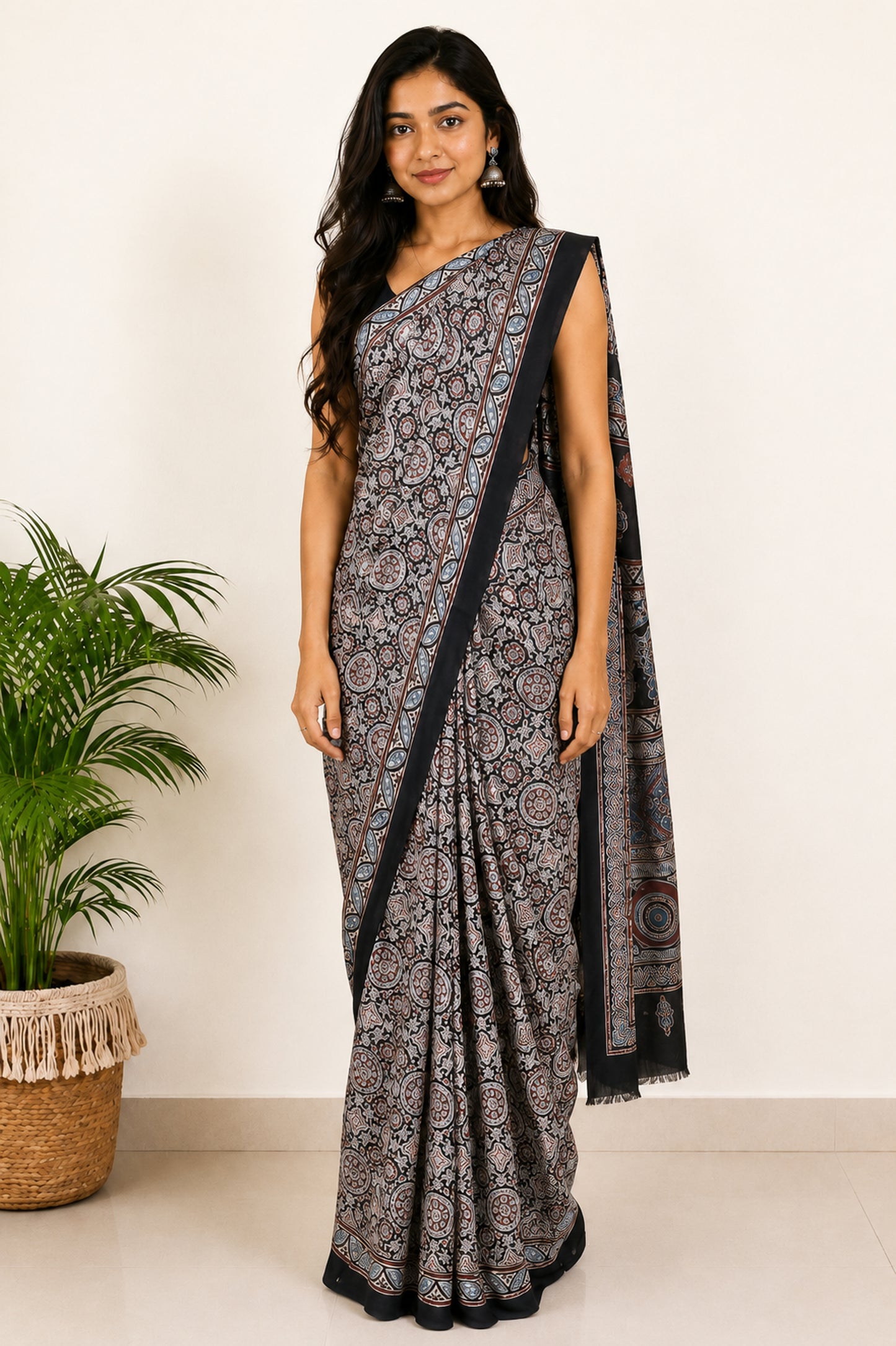 Ajrakh Modal Silk Natural Dye Hand Block Print Saree with Blouse Piece - 5.5 Mtr Length   -  SKU : SI03601L