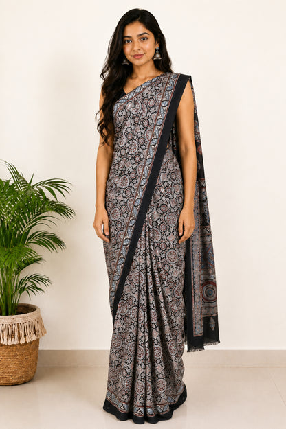 Ajrakh Modal Silk Natural Dye Hand Block Print Saree with Blouse Piece - 5.5 Mtr Length   -  SKU : SI03601L