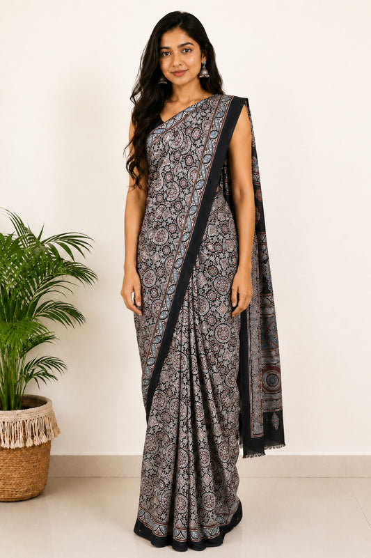 Ajrakh Modal Silk Natural Dye Hand Block Print Saree with Blouse Piece - 5.5 Mtr Length   -  SKU : SI03601L
