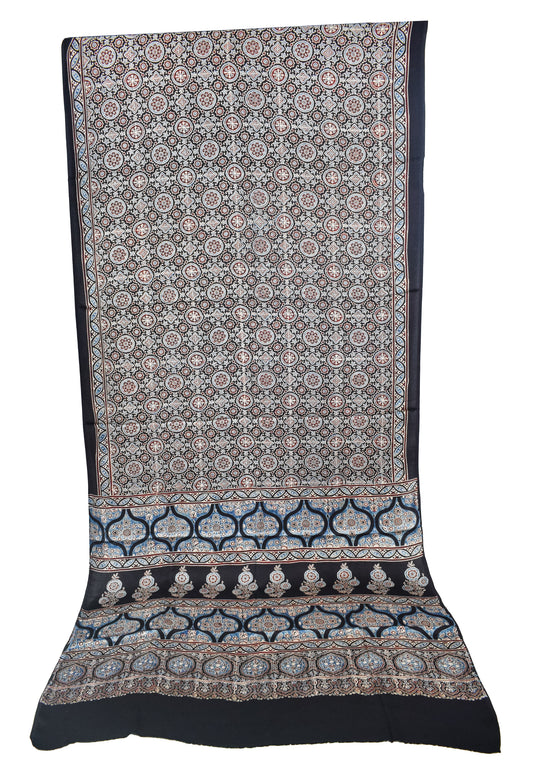 Ajrakh Modal Silk Natural Dye Hand Block Print Saree with Blouse Piece - 5.5 Mtr Length   -  SKU : SI03601L