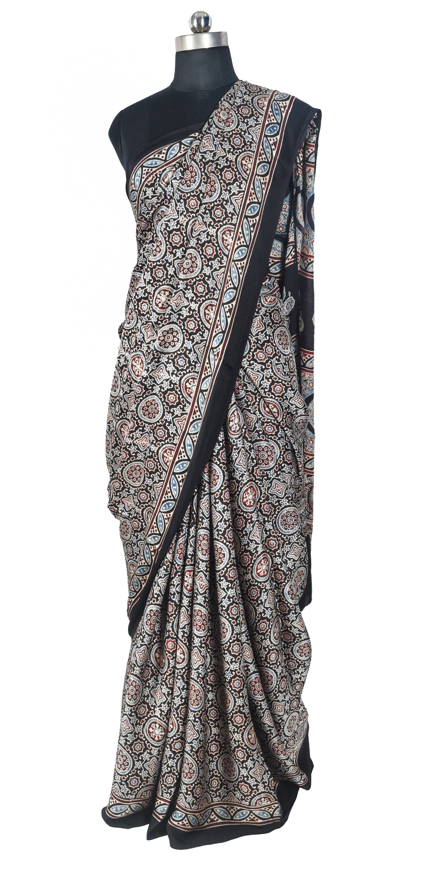 Ajrakh Modal Silk Natural Dye Hand Block Print Saree with Blouse Piece - 5.5 Mtr Length   -  SKU : SI03601L