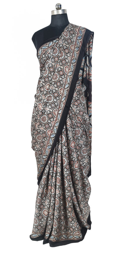 Ajrakh Modal Silk Natural Dye Hand Block Print Saree with Blouse Piece - 5.5 Mtr Length   -  SKU : SI03601L