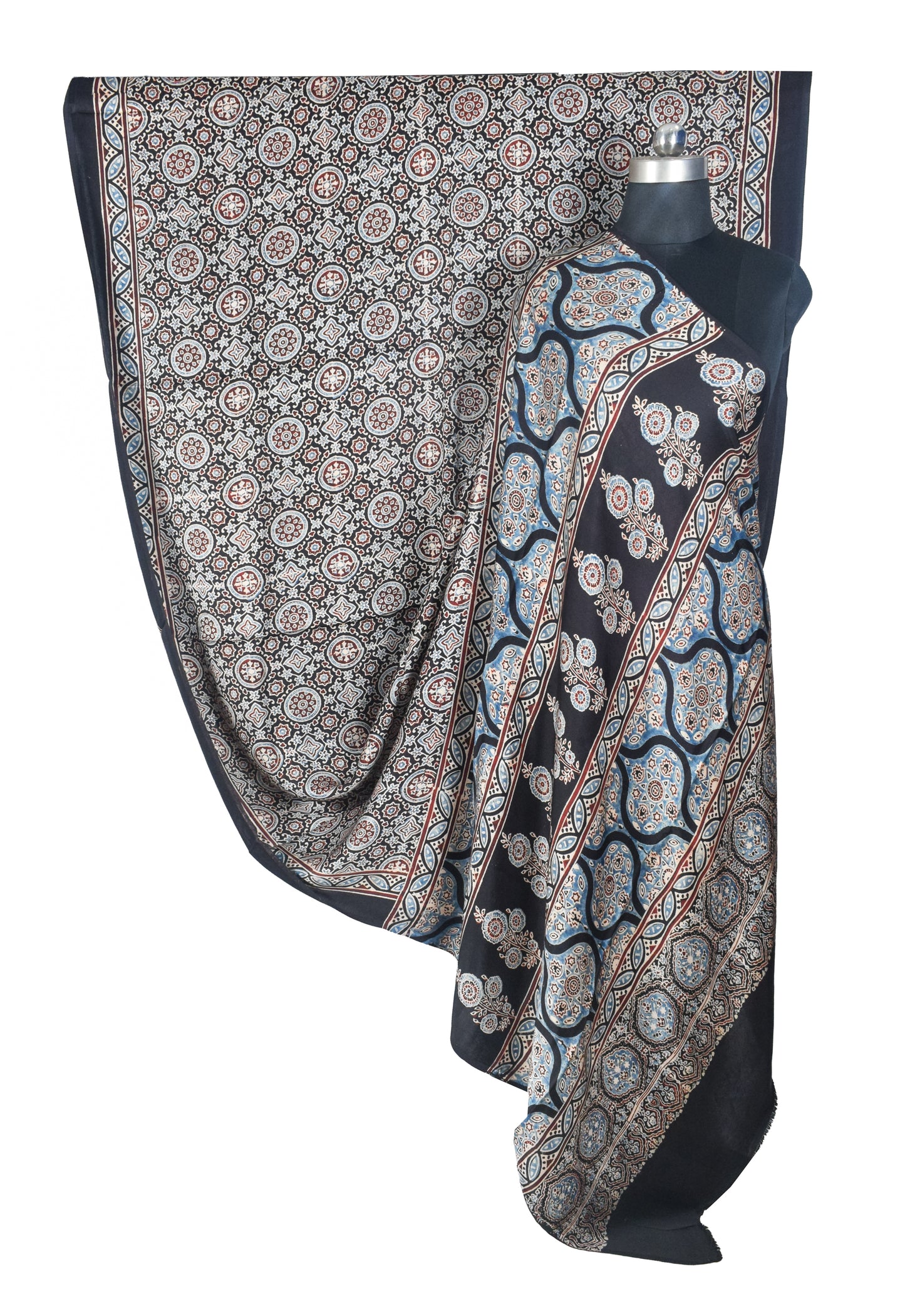 Ajrakh Modal Silk Natural Dye Hand Block Print Saree with Blouse Piece - 5.5 Mtr Length   -  SKU : SI03601L