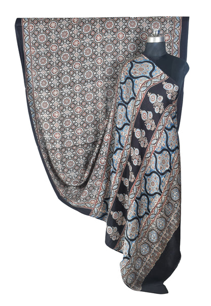 Ajrakh Modal Silk Natural Dye Hand Block Print Saree with Blouse Piece - 5.5 Mtr Length   -  SKU : SI03601L