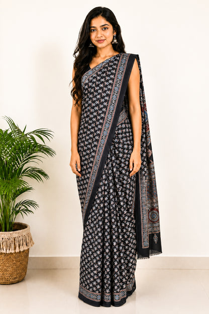 Ajrakh Modal Silk Natural Dye Hand Block Print Saree with Blouse Piece - 5.5 Mtr Length   -  SKU : SI03601N