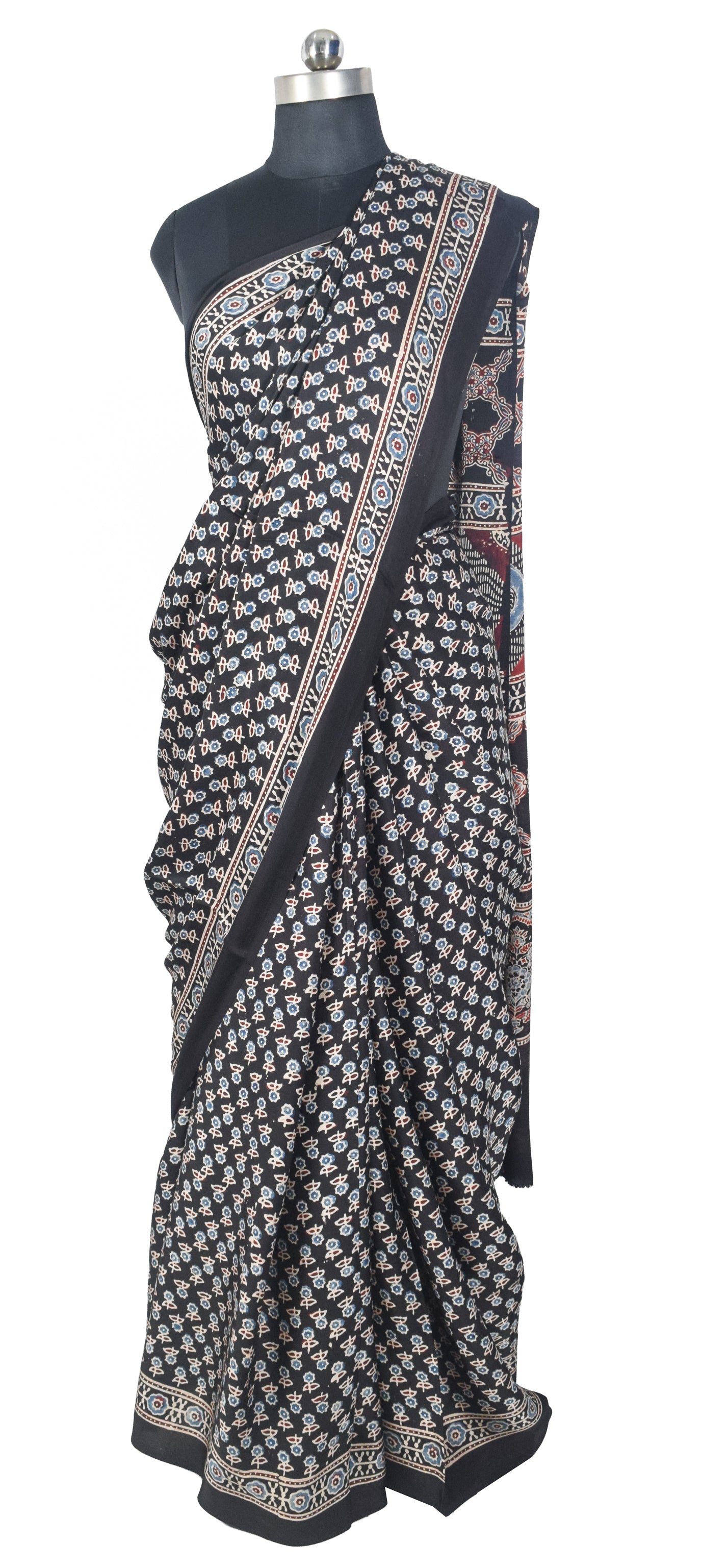 Ajrakh Modal Silk Natural Dye Hand Block Print Saree with Blouse Piece - 5.5 Mtr Length   -  SKU : SI03601N