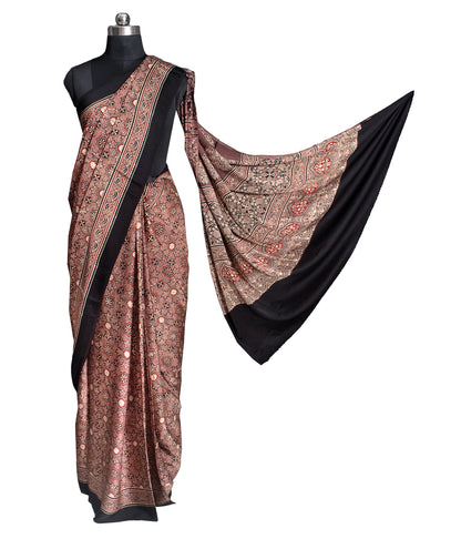 Ajrakh Modal Silk Natural Dye Hand Block Print Saree with Blouse Piece - 5.5 Mtr Length   -  SKU : AI18801B