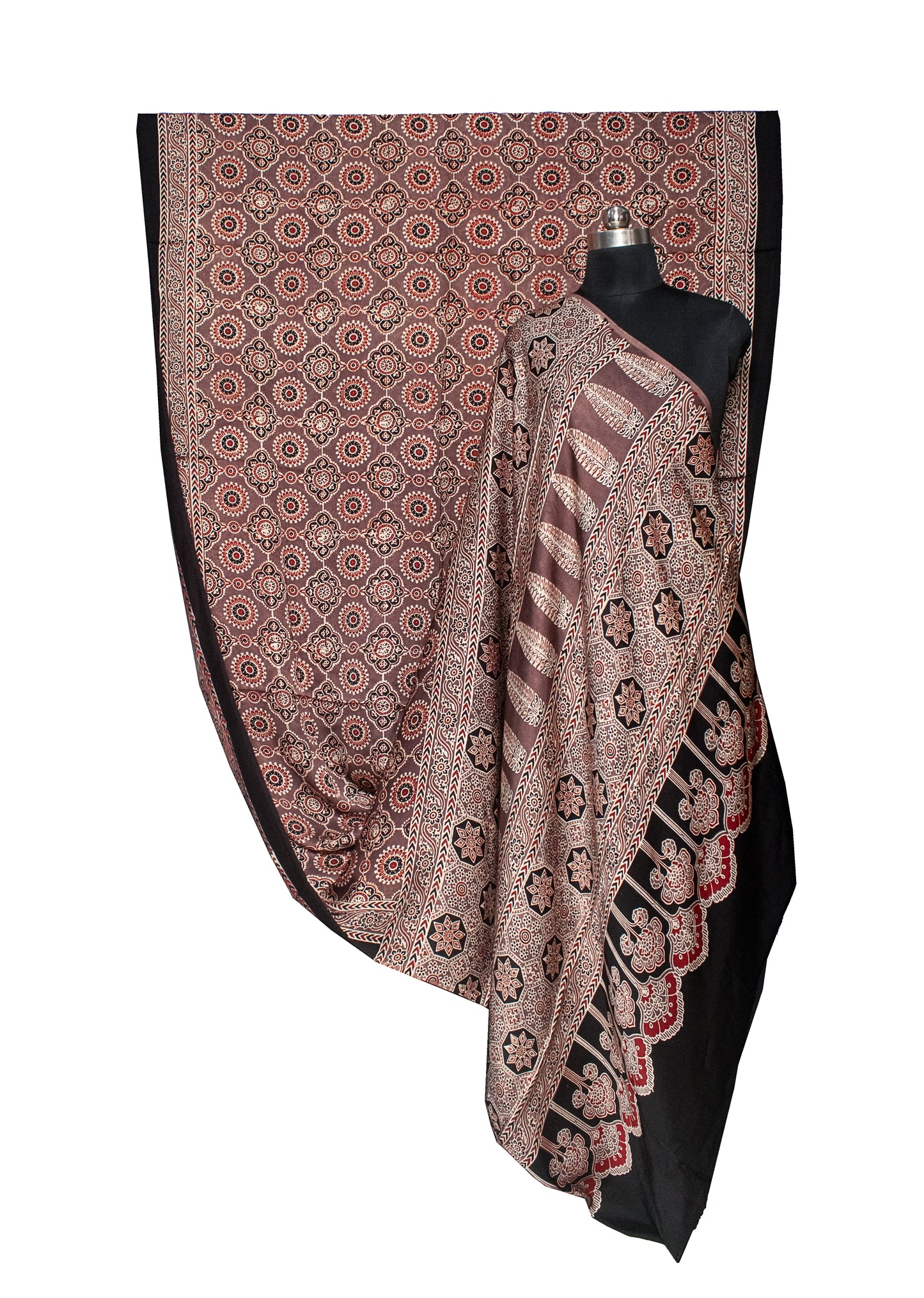 Ajrakh Modal Silk Natural Dye Hand Block Print Saree with Blouse Piece - 5.5 Mtr Length   -  SKU : AI18801G