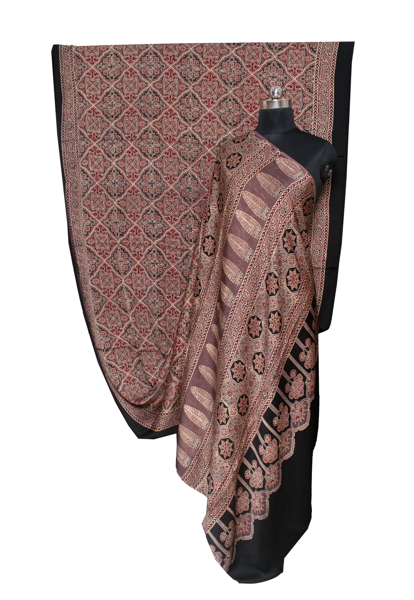 Ajrakh Modal Silk Natural Dye Hand Block Print Saree with Blouse Piece - 5.5 Mtr Length   -  SKU : AI18801L