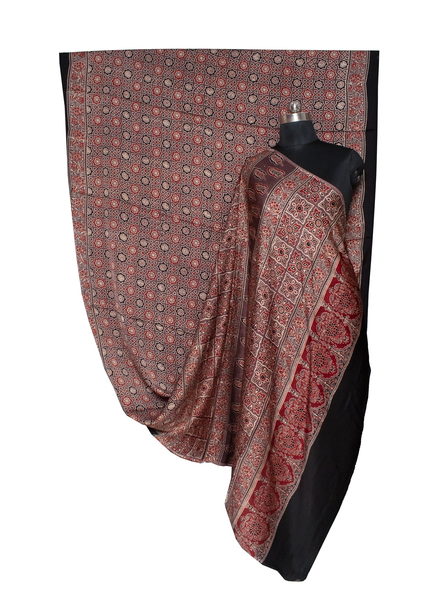 Ajrakh Modal Silk Natural Dye Hand Block Print Saree with Blouse Piece - 5.5 Mtr Length   -  SKU : AI18801V