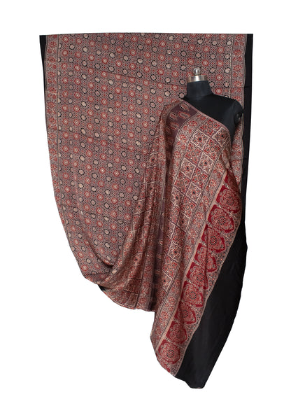 Ajrakh Modal Silk Natural Dye Hand Block Print Saree with Blouse Piece - 5.5 Mtr Length   -  SKU : AI18801V