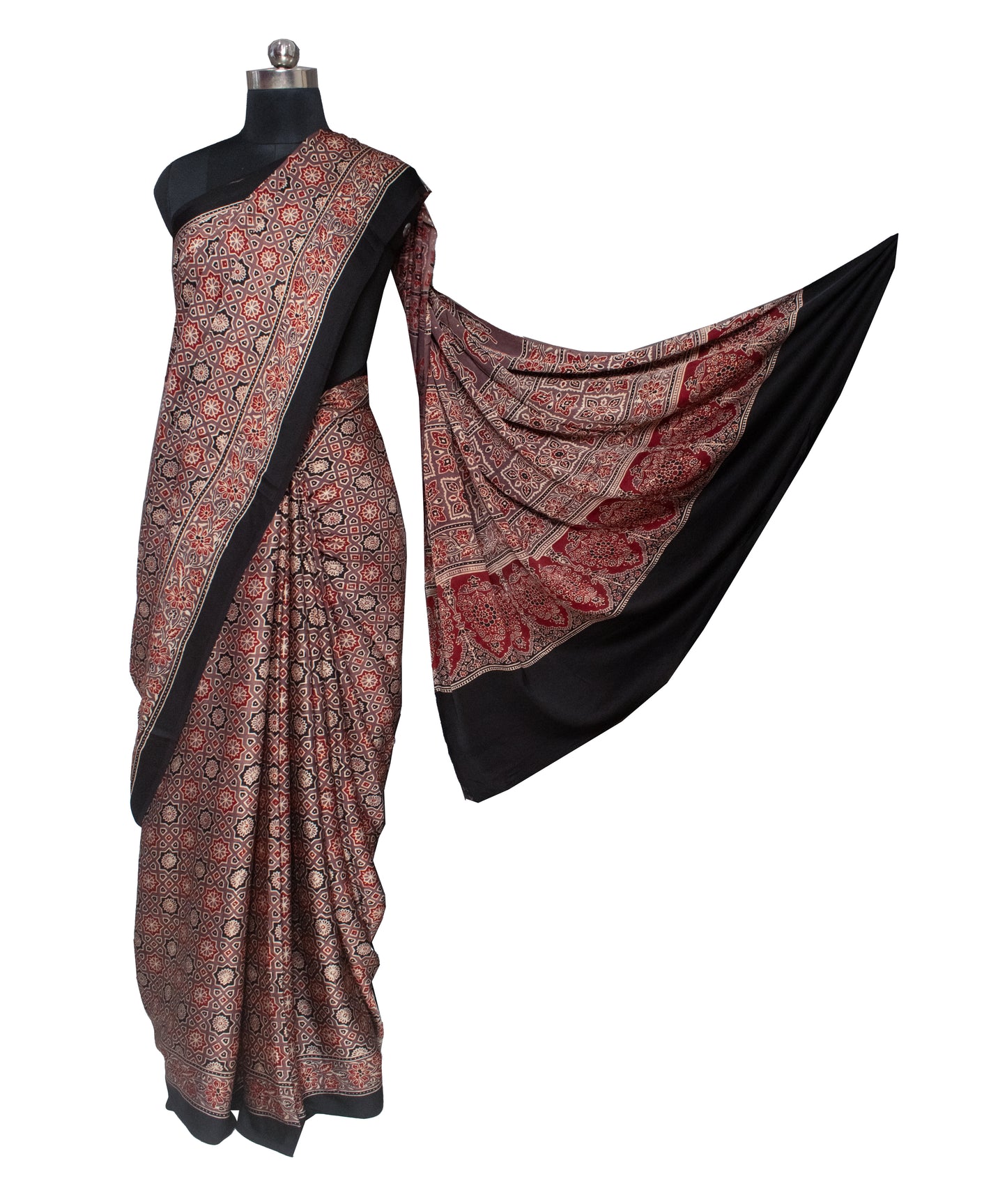Ajrakh Modal Silk Natural Dye Hand Block Print Saree with Blouse Piece - 5.5 Mtr Length   -  SKU : AI18801V