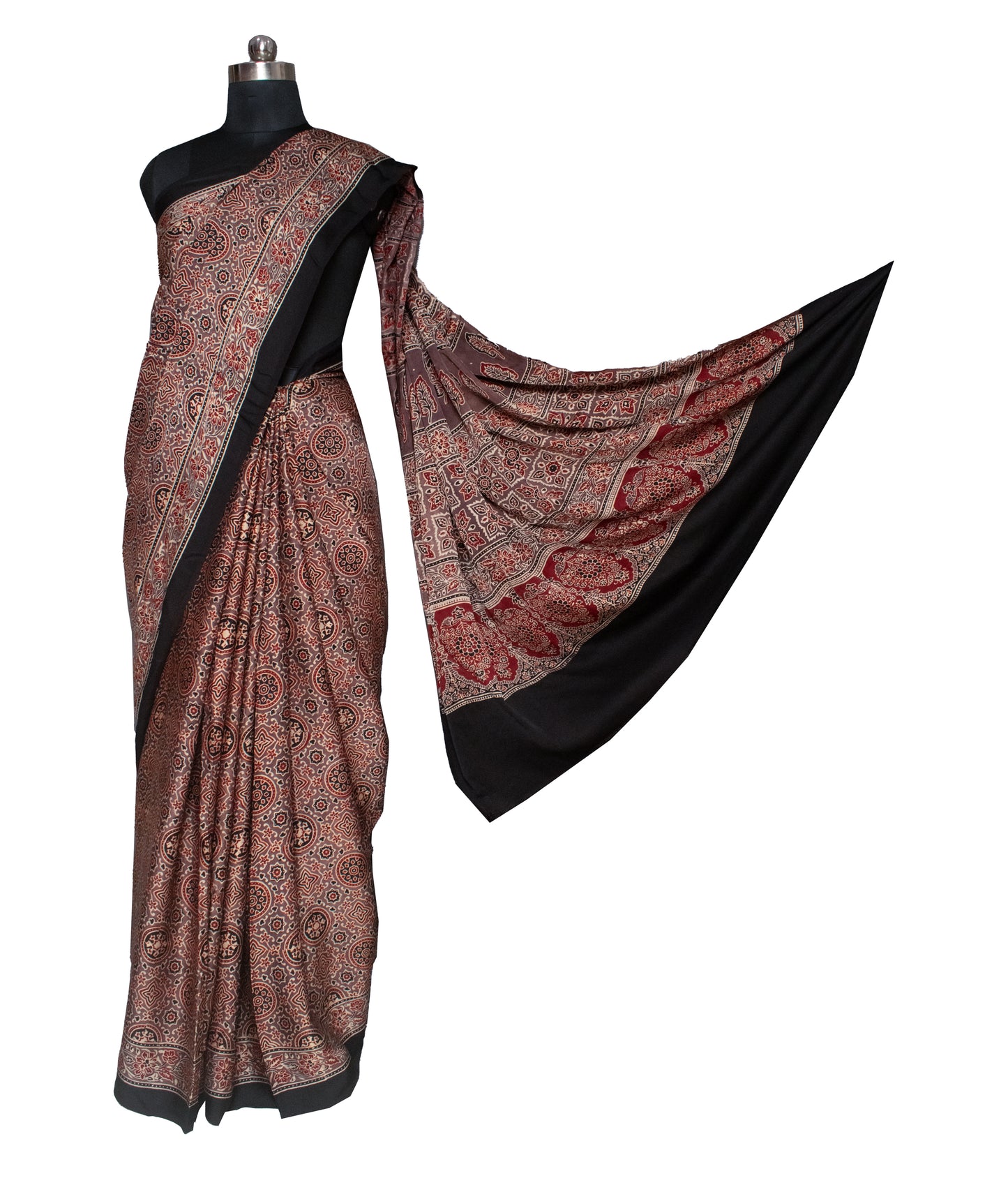 Ajrakh Modal Silk Natural Dye Hand Block Print Saree with Blouse Piece - 5.5 Mtr Length   -  SKU : AI1880AA